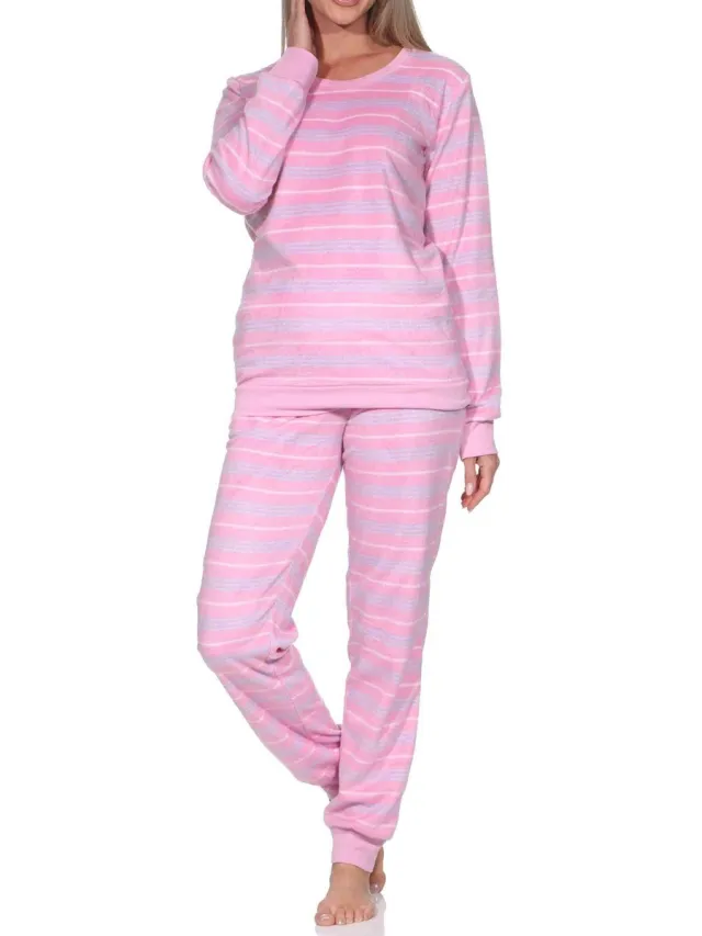 Normann fleece damespyjama met lange mouwen en manchetten in coole look pink