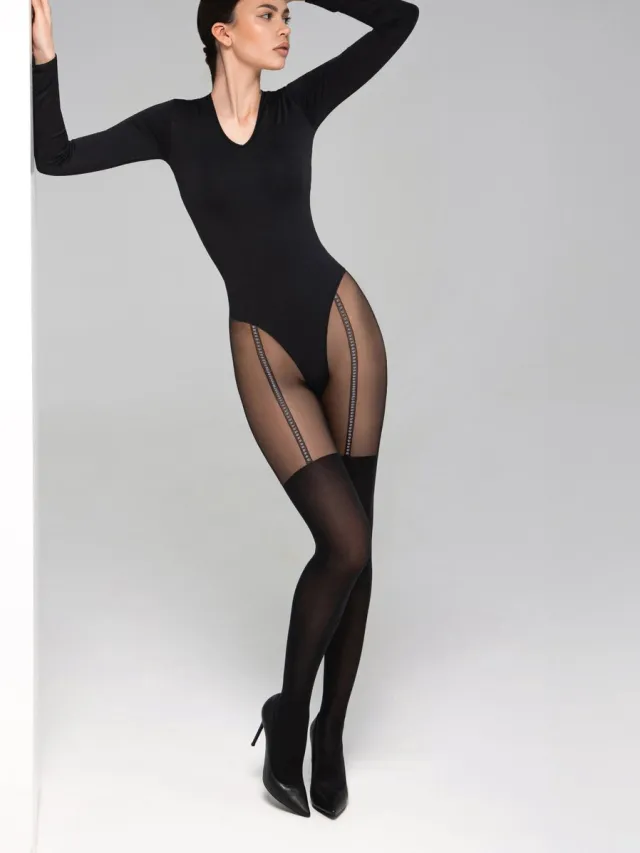 Giulia Pari Lurex Fashion Panty - Suspender Panty - Fashion Line - 60 Denier - Large- Zwart