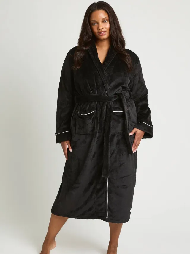 boohoo Dames Plus Fleece Kamerjas Met Paspeldetail Lang Model Zwart