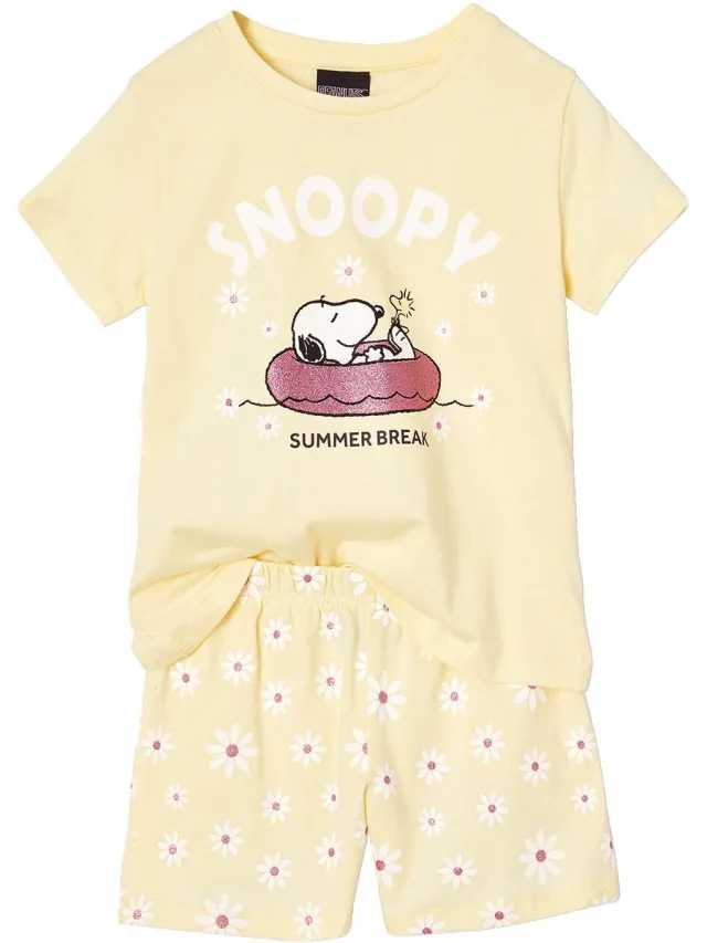 Snoopy Mädchen Sommer-Schlafanzug PEANUTS SNOOPY mit Blumen pastelgeel