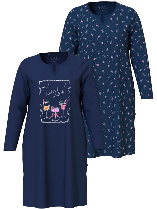 Ulla Popken Dames - Bigshirts set van 2 cocktail tuniekhals lange mouwen - Nachtblauw - Maat 42+