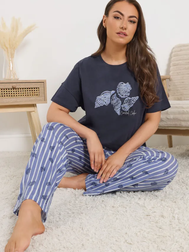 Yours Blauwe 'Coastal Calm' Gestreepte Pyjamaset-48 Blue