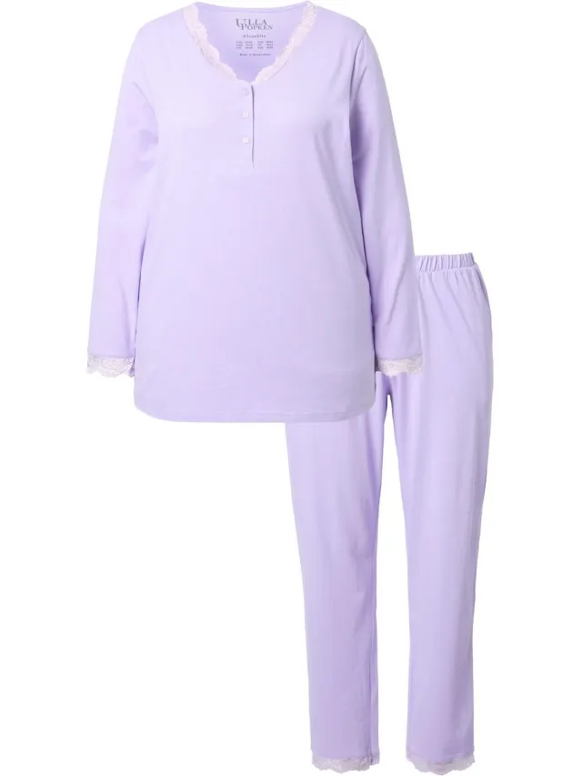 Ulla Popken Dames - Pyjama kant knopen V-hals lange mouwen - Zachtlavendel - Maat 54+