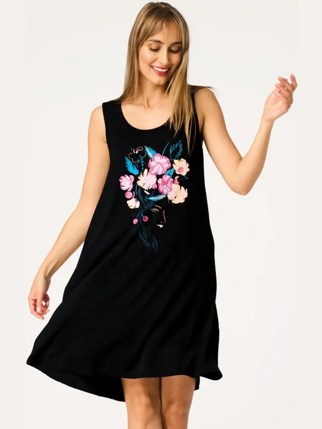 Key Bamboe Dames Nachthemd Zomer Bloemenprint Zwart Roze LND 560 36 /