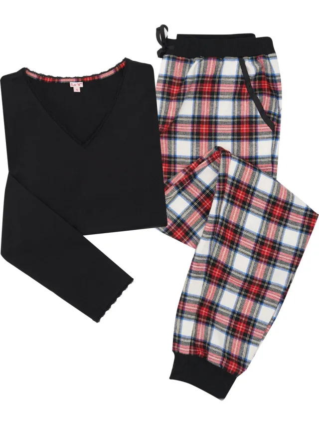 La V La-V pyjamaset voor dames met flanel joggingbroek en top met kant zwart/rood