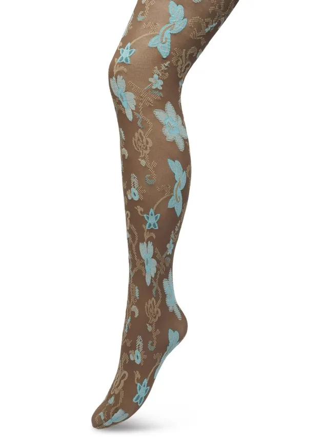 Bonnie Doon Bloemen Panty 60 Denier Bruin Dames - Bloemenprint - Gebloemd - Print - Gladde Naden - Maximaal Draagcomfort - Floral Ornament Tights - Chique Panty - Feestelijk - Bruin/Blauw - Bracken - BP221905.158