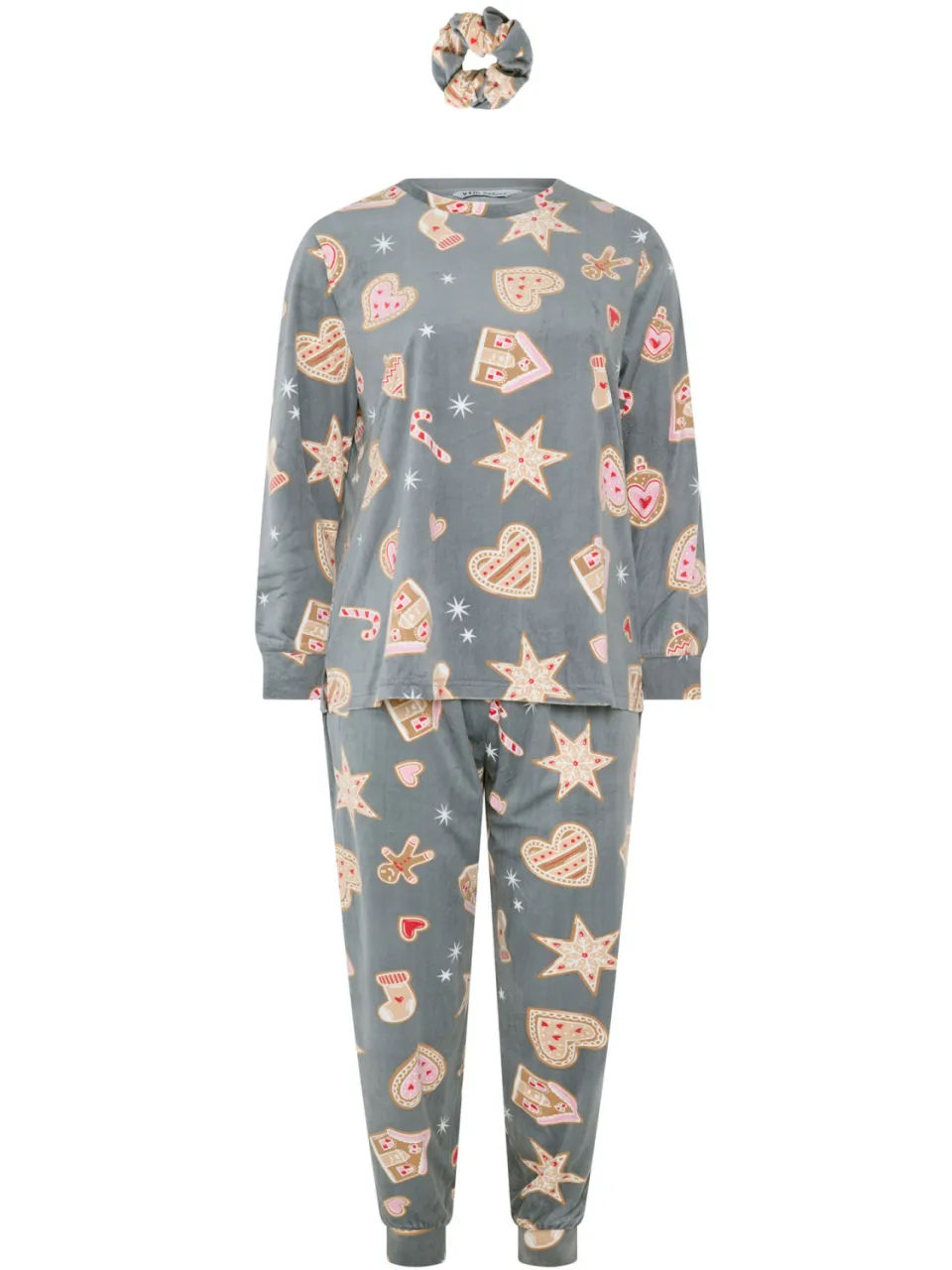 Yours Grijze Fleece Pyjamaset Met Peperkoekprint En Scrunchie-44 grijs, foto 4