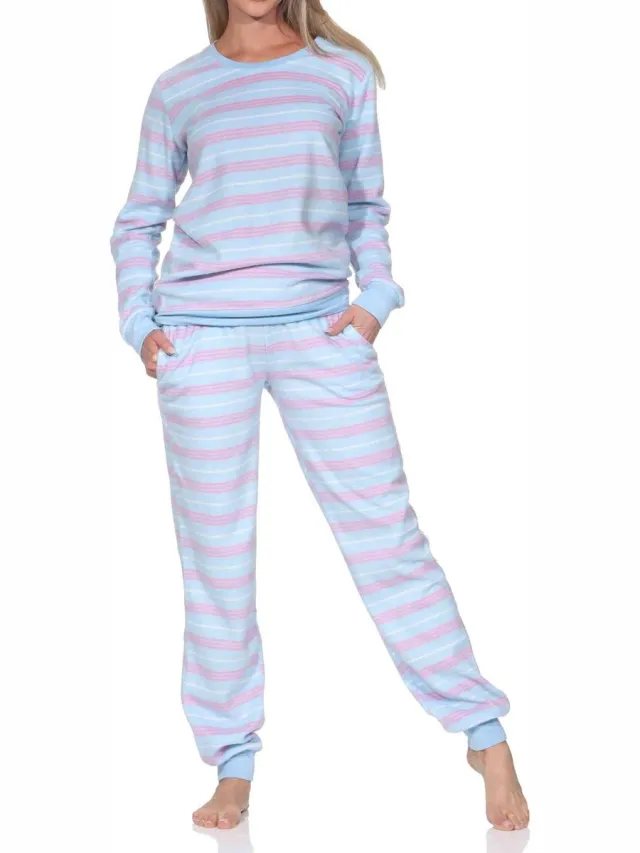 Normann fleece damespyjama met lange mouwen en manchetten in coole look hellblau