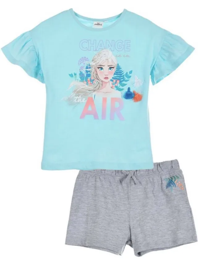 Disney Frozen Set / Pyjama / Shortama - Biologisch Katoen - Lichtblauw/Grijs - maat 116 (6 jaar)