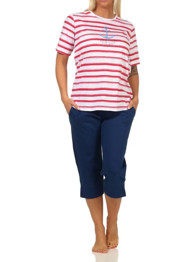 Normann Maritieme dames Capri pyjama met korte mouwen, topje met ankermotief, ook in oversized rot