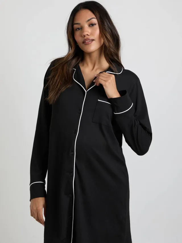 boohoo Dames Zwangerschapsnachtjapon met pijpdetail Zwart