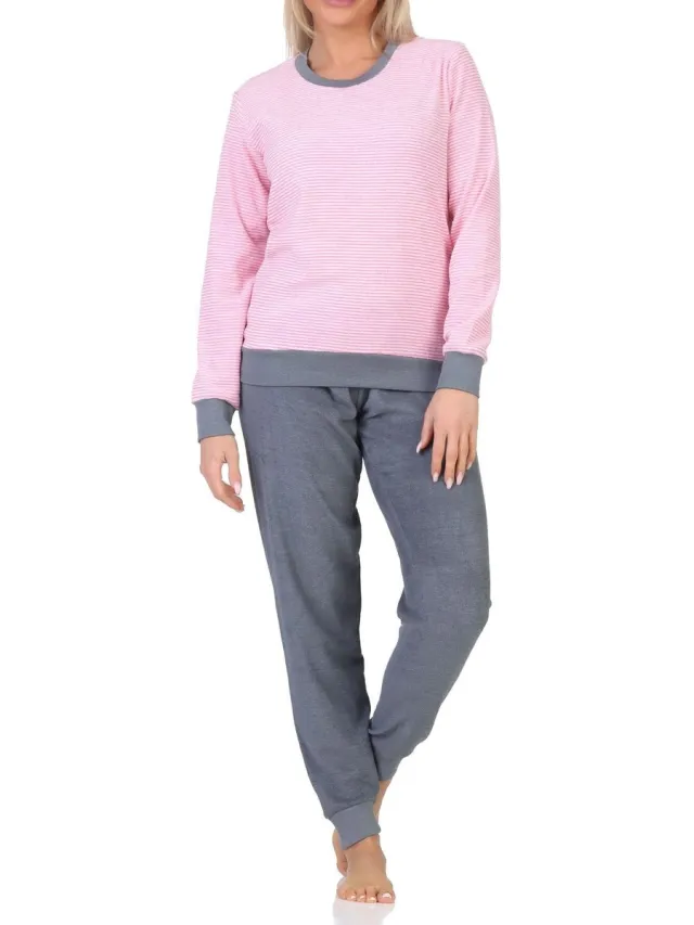 Normann damespyjama badstof met lange mouwen en manchetten - pyjama ook in oversize pink