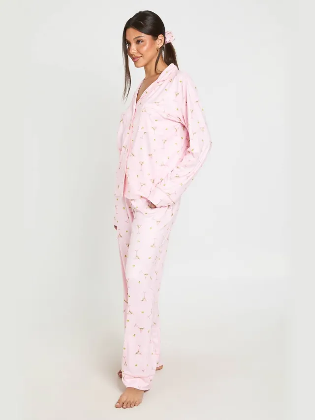 boohoo Dames Martini Print Pyjama Set Met Shirt Met Lange Mouwen & Broek 3-delig Lichtroze