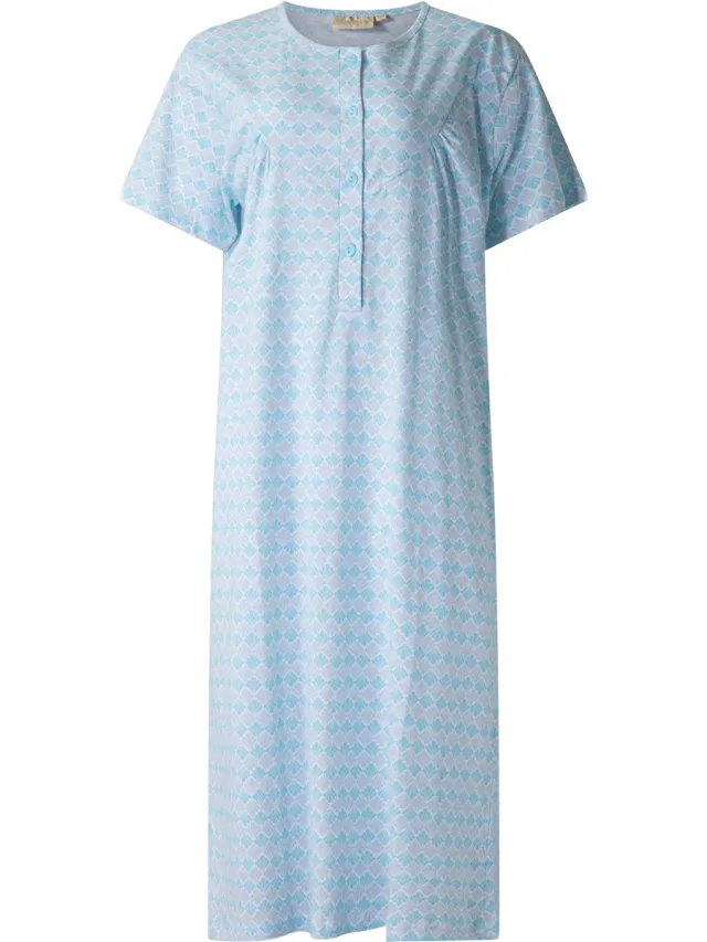 Lunatex dames nachthemd 5026 korte mouw - nachtjapon van 100% katoen - blauw met print