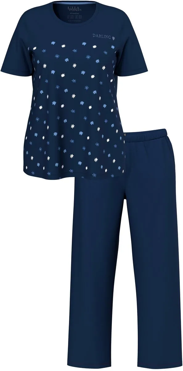 Ulla Popken Dames - Pyjama bloemen borduursel ronde hals korte mouw - Nachtblauw - Maat 42+