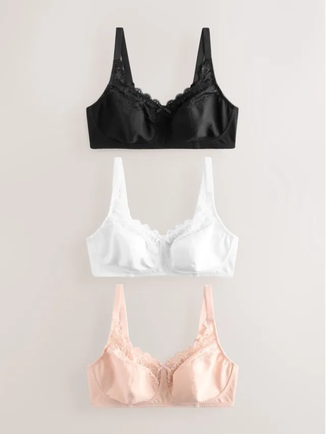 Next Dames - Set van 3 hoog ondersteunende beha's van katoen en kant zonder vulling en zonder beugel - Zwart Black/White