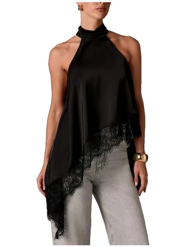 Currero Top Met Kant Dames - Topje - Kleding - Shirt - Blouse - Kort - Volwassen - Zwart