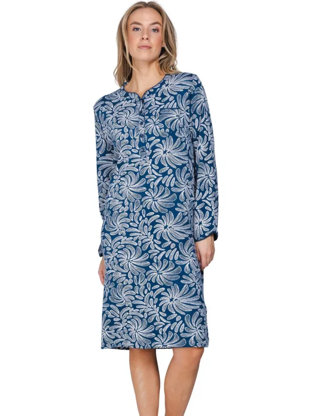 Pastunette nachthemd donkerblauw met witte bloemenprint blauw/wit