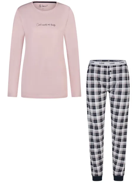By Louise Dames pyjama set lang roze/donkerblauw geruit, foto 2