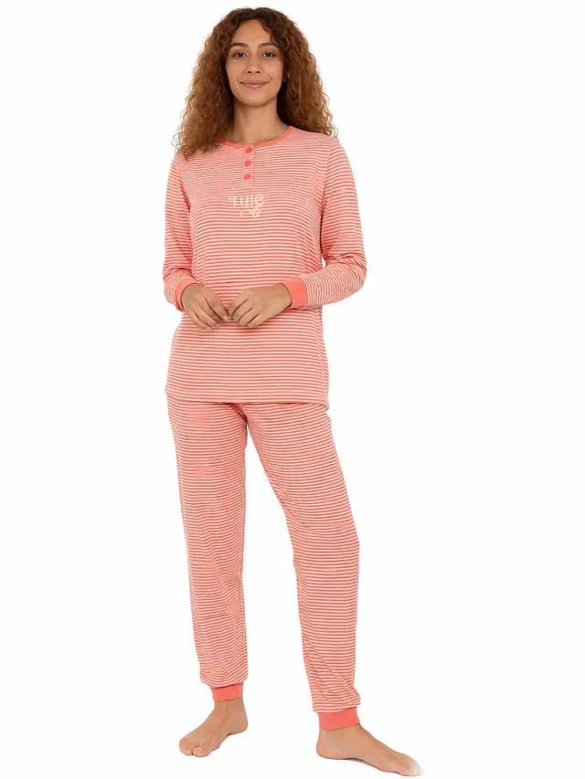 Cocodream Quality Dames pyjama katoen - peach - stripes Peach, gestreept