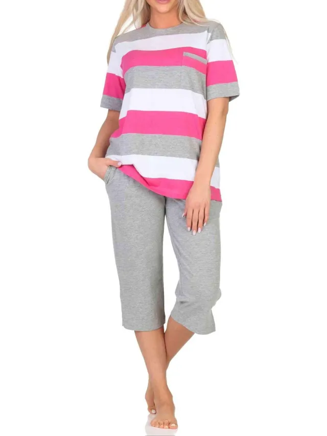 Normann Dames Capri Pyjama Korte Mouwen Blokstreep - Ook in Oversizes pink
