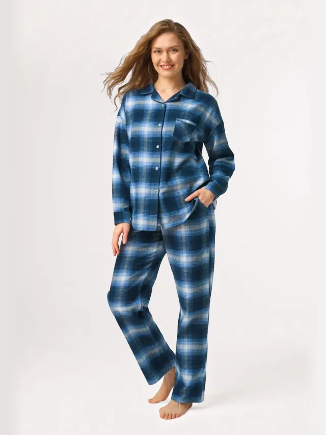 Key Flanellen Pyjama Dames Marine Ruit LNS 465 42 / Donkerblauw