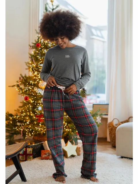 happy shorts Dames pyjama broek lang grijs/rood geruit flanel