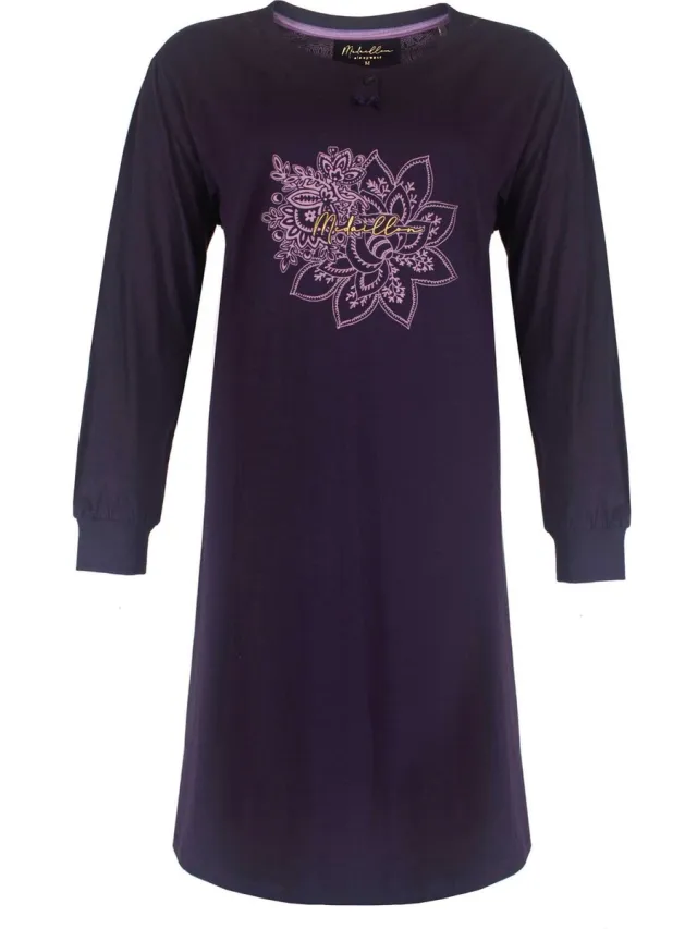 Medaillon Dames Nachthemd - 100% Katoen - Donker Paars blauw