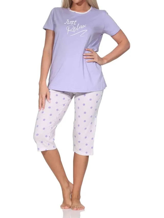 Normann dames Capri pyjama korte mouw in polkadots look lila