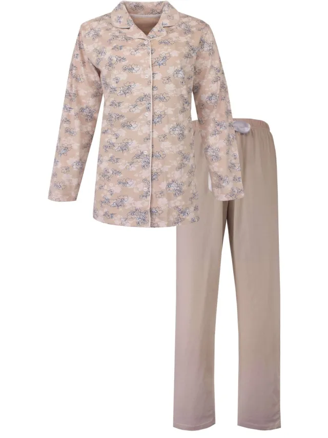 Tenderness Dames Pyjama - Lange Mouwen - Katoen - Doorknoop - Beige