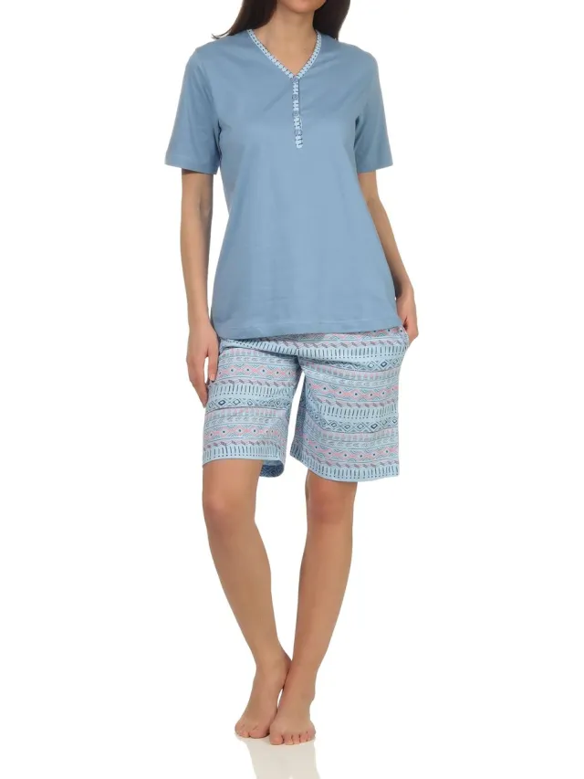 Normann dames pyjama shorty met korte mouwen in Ethnolook - Ook in oversizes hellblau