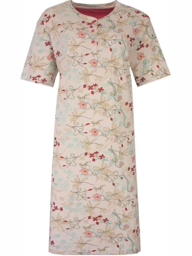 Tenderness Dames Nachthemd - Botanisch Patroon - Beige rood