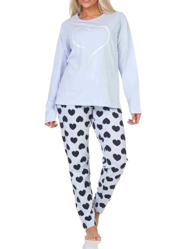 Normann dames pyjama lange mouw in hartjespolkadots look hellblau