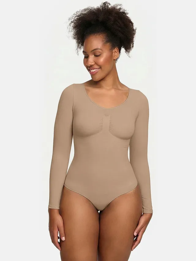 cfab Bodysuit met corrigerende werking, lange mouwen en bijpassend slipje - Beige