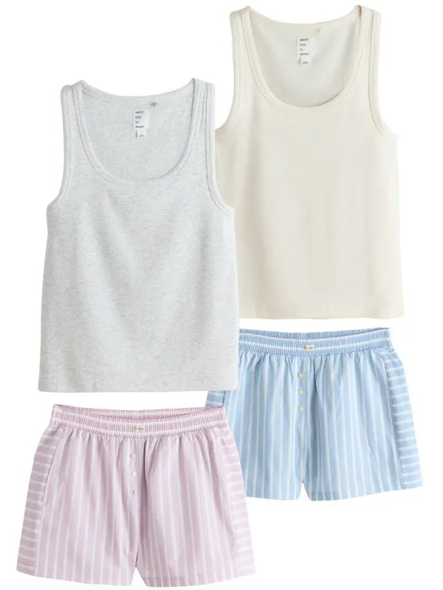 Next Dames - Set van 2 korte geribbelde pyjama's - Crème Grey and Ecru