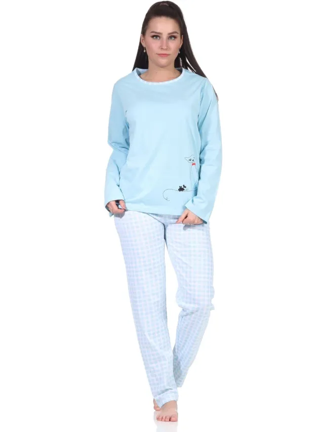 Normann Damespyjama met lange mouwen en schattig katmotief en geruite jersey broek hellblau