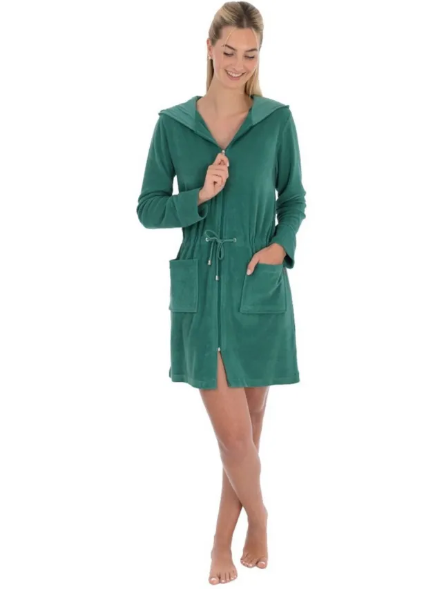 WeWo fashion Rits badjas sauna - dunne dames badjas - dames badjas met ritssluiting - kort model met capuchon - sauna - lichtgewicht - groen