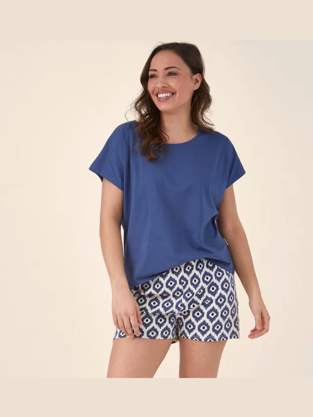 Little Label dames pyjama kort - blauw ikat-44 - extra zachte bio-katoen