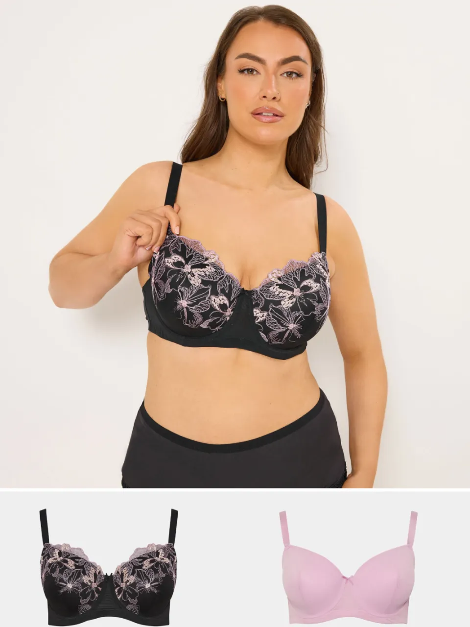 Yours 2 Pack Zwarte En Roze Gevulde Bh's Met Geborduurde Bloemenprint Pink