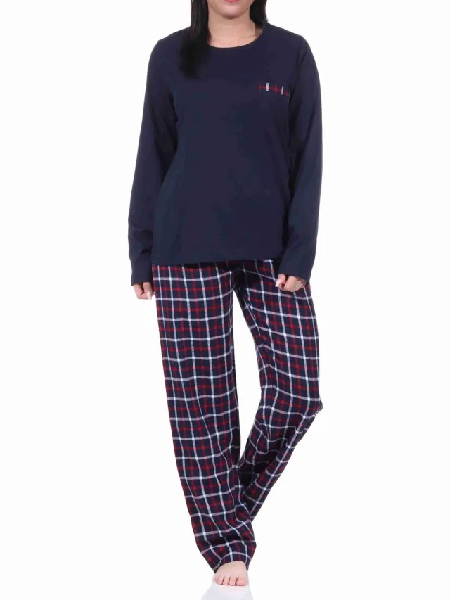 Normann Flanellen damespyjama lang met flanellen broek en jersey top navy