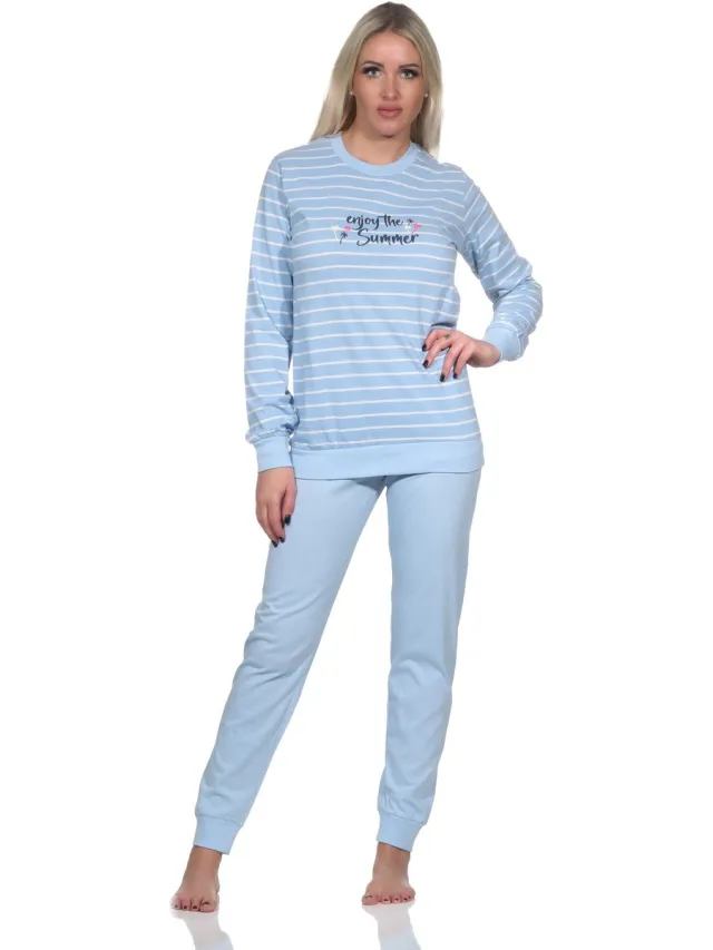 Normann Damespyjama met lange mouwen, gestreepte pyjama met manchetten "Enjoy The Summer" hellblau
