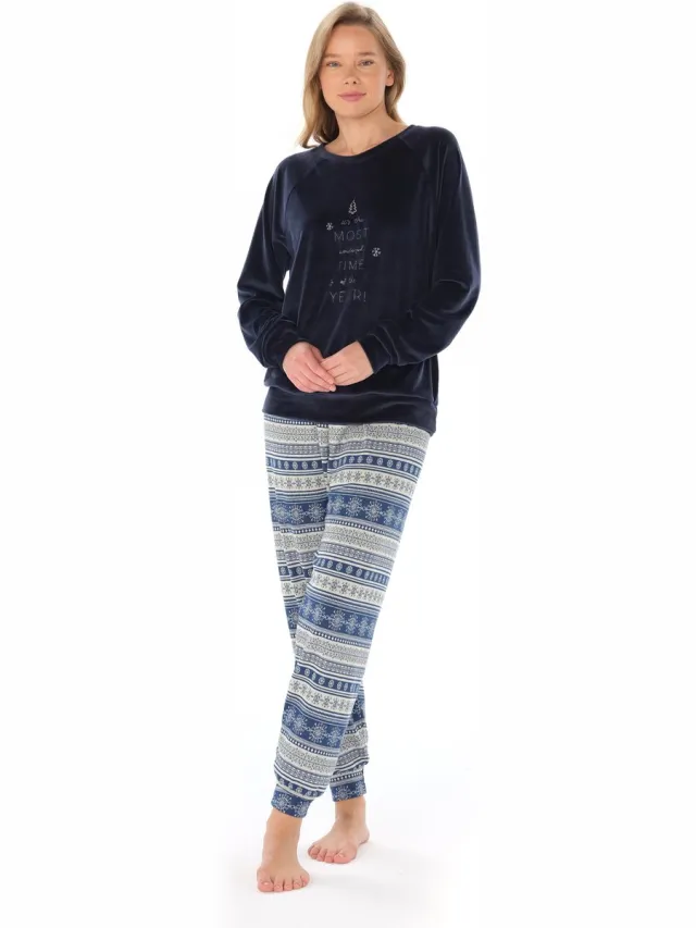 Feyza Fluwelen Dames Pyjama Set, Lange Mouwen donkerblauw