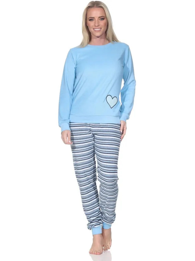 Normann dames badstof pyjama met manchetten, pyjama met hartmotief – ook in grote maten hellblau