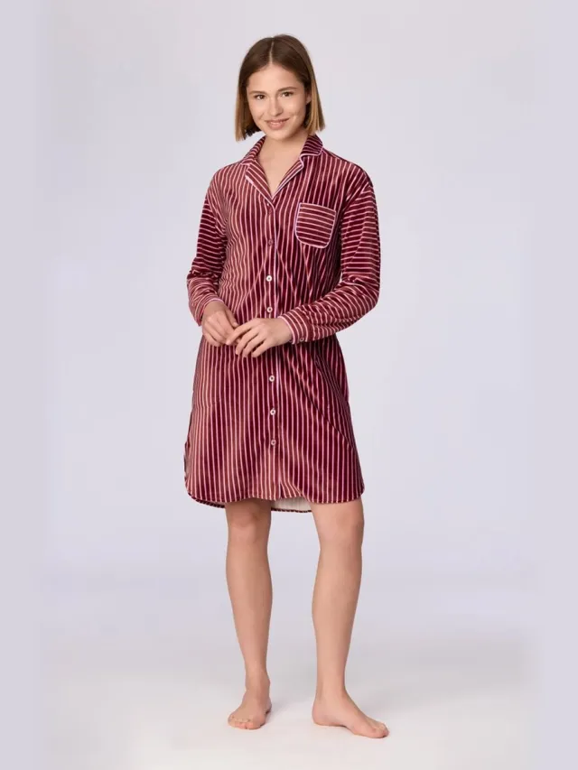 Woody slaapkleed dames doorknoop velours - bordeaux/roze gestreept - 262-15-TDA-V/979