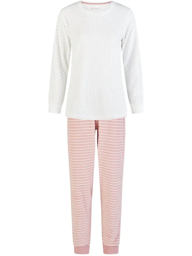 By Louise Dames Winter Pyjama Set Lang Badstof Wit/Roze Gestreept