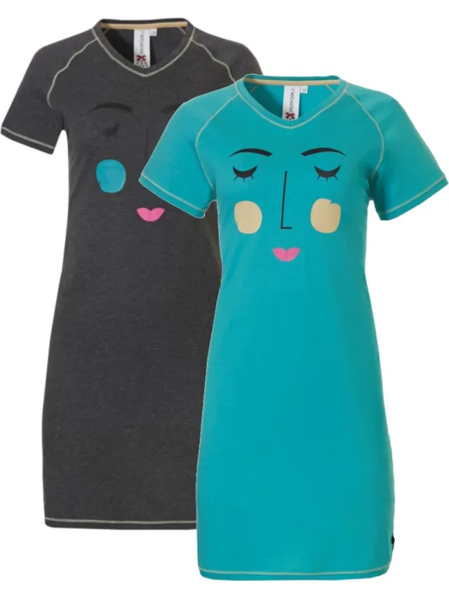 Rebelle dames nachthemden korte mouw - Duo Faces - 2-pack Groen, antraciet