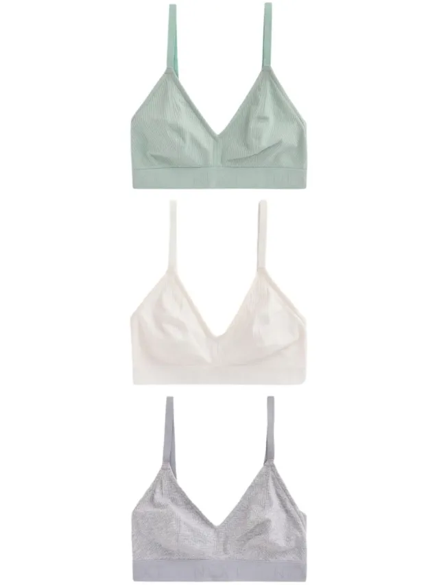 Next Dames - Set van 3 katoengeribbelde DD+ bralettes met logo, zonder vullingen, zonder beugels - Blauw Blue/Grey/Cream