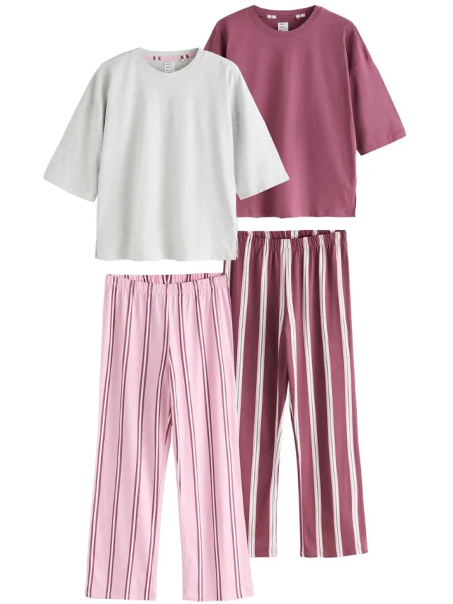 Next Dames - Set van 2 pyjama's met korte mouwen - Roze Burgundy/Pink Stripe