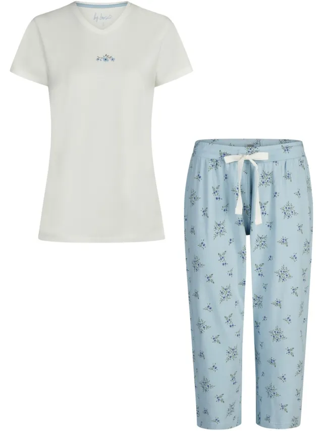 By Louise Dames Capri Pyjama Driekwart Broek V-hals Wit/Blauw Gebloemd