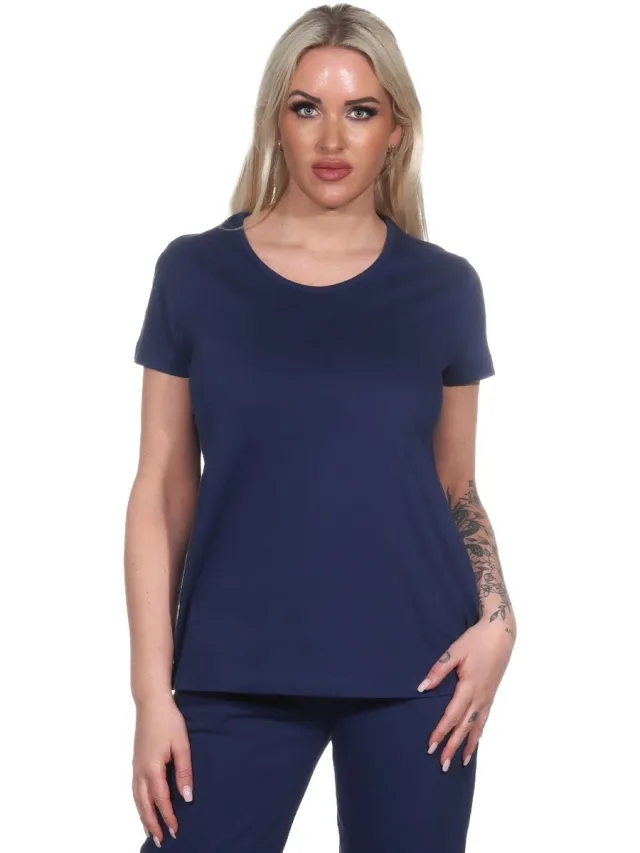 Normann Damespyjamashirt met korte mouwen mix & match in effen kleur marine